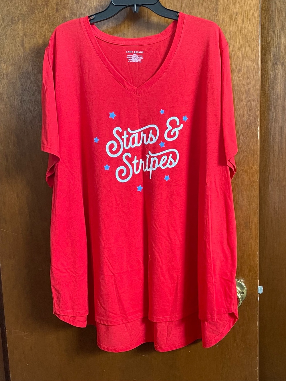 Lane Bryant Red V-Neck Tee with White & Blue "Stars & Stripes" Graphic